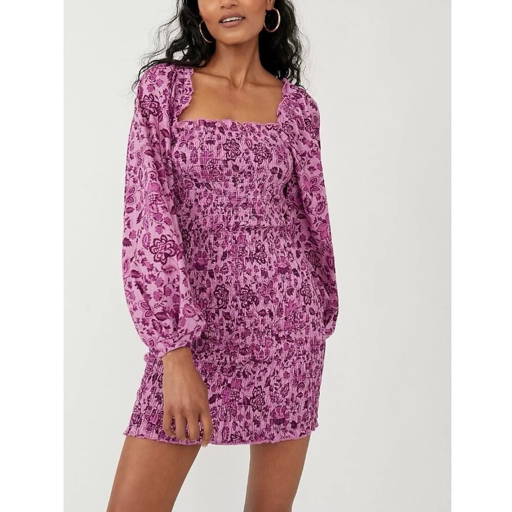 New Free People Pink‎ & Purple Smock It To Me Mini Dress Size Medium